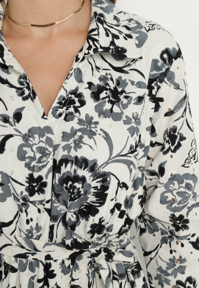m&d fashion Rochie tip cămașă Albastră din Viscoză cu imprimeu floral cu cordon de legat Lorkia