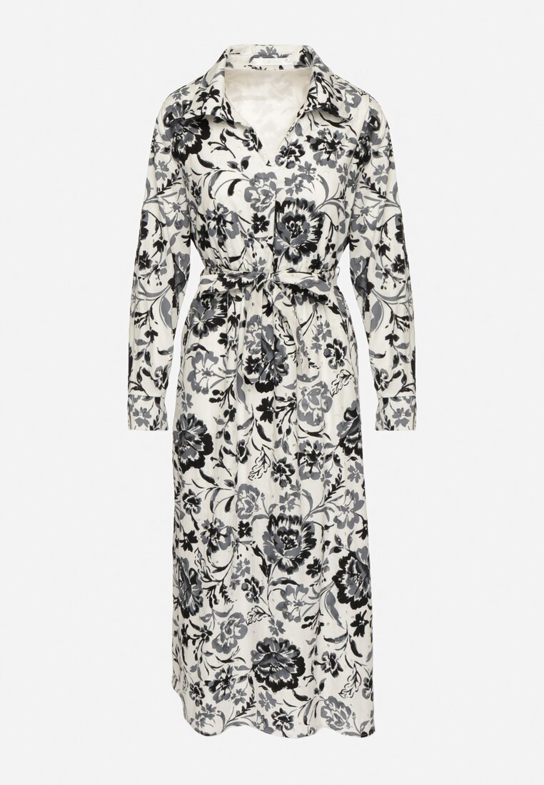 m&d fashion Rochie tip cămașă Albastră din Viscoză cu imprimeu floral cu cordon de legat Lorkia