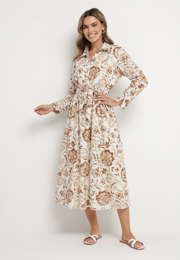 m&d fashion Rochie Tip Cămașă Bej Deschis din Viscoză cu Imprimeu Floral cu Cordon de Legat Lorkia