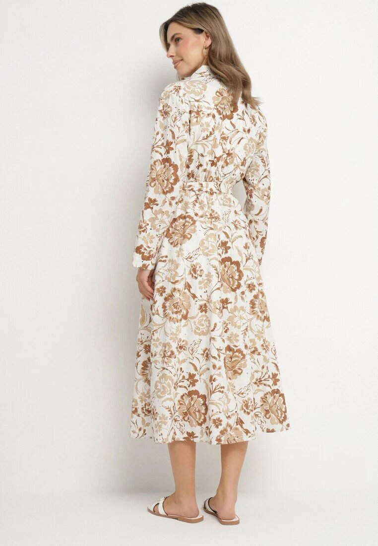 m&d fashion Rochie Tip Cămașă Bej Deschis din Viscoză cu Imprimeu Floral cu Cordon de Legat Lorkia