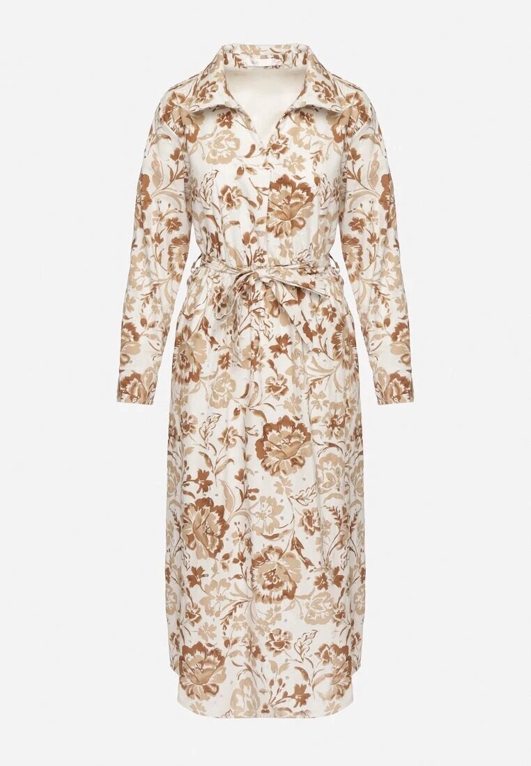 m&d fashion Rochie Tip Cămașă Bej Deschis din Viscoză cu Imprimeu Floral cu Cordon de Legat Lorkia