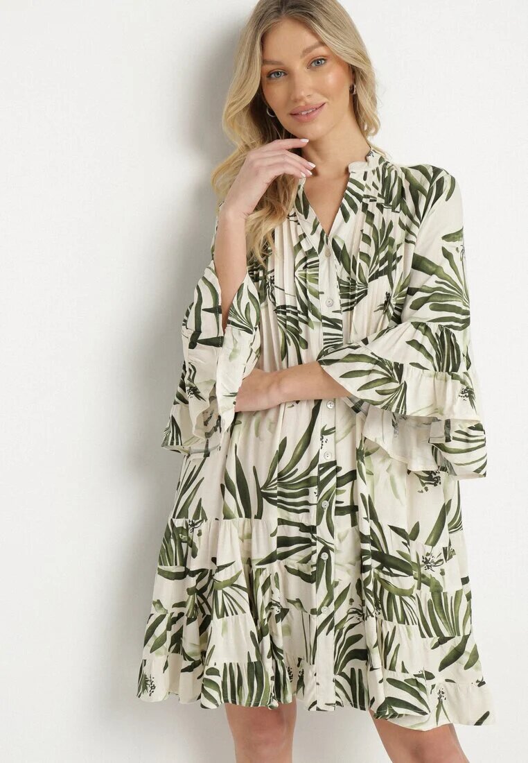 m&d fashion Rochie Verde din Viscoză cu Croi Cloș cu Volane cu Imprimeu Floral Ridiara
