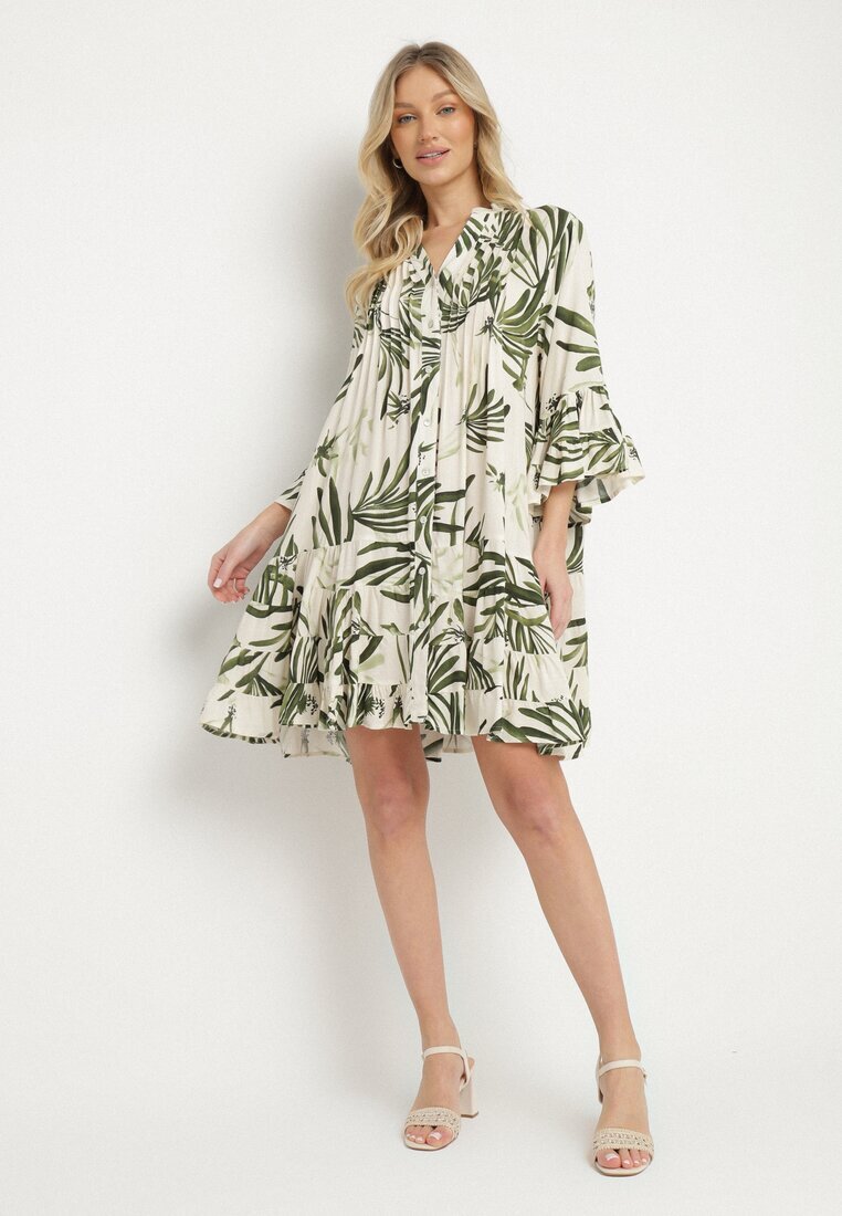 m&d fashion Rochie Verde din Viscoză cu Croi Cloș cu Volane cu Imprimeu Floral Ridiara