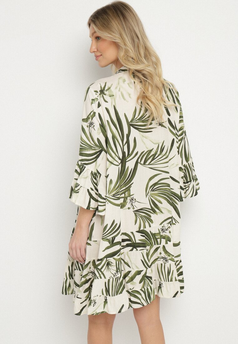 m&d fashion Rochie Verde din Viscoză cu Croi Cloș cu Volane cu Imprimeu Floral Ridiara