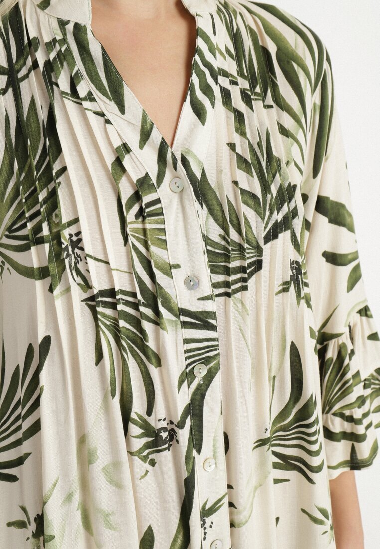 m&d fashion Rochie Verde din Viscoză cu Croi Cloș cu Volane cu Imprimeu Floral Ridiara