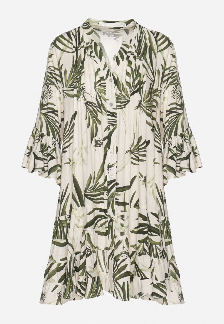 m&d fashion Rochie Verde din Viscoză cu Croi Cloș cu Volane cu Imprimeu Floral Ridiara