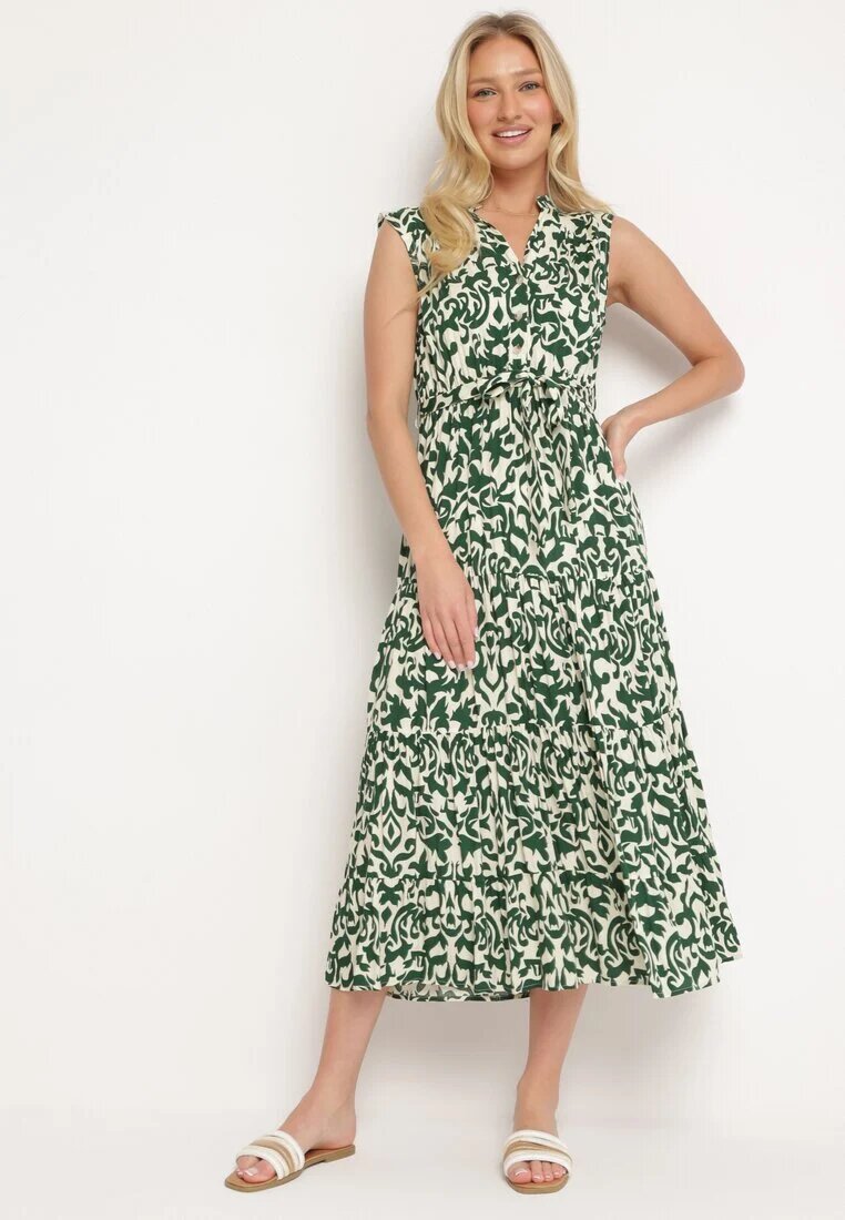 m&d fashion Rochie Verde din Viscoză cu elastic în talie cu nasturi și cordon din material Giselia