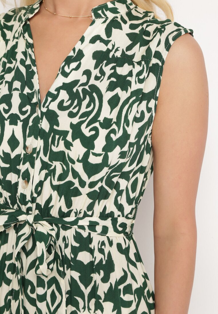 m&d fashion Rochie Verde din Viscoză cu elastic în talie cu nasturi și cordon din material Giselia