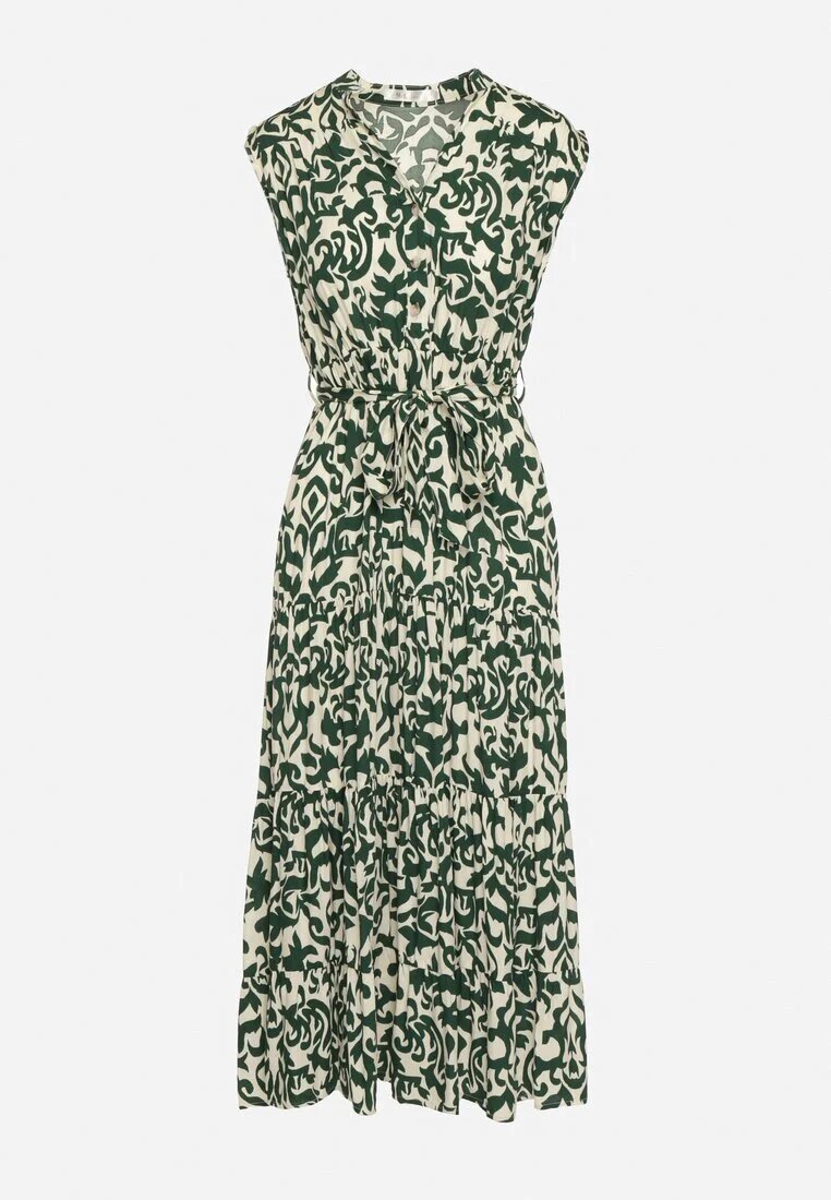 m&d fashion Rochie Verde din Viscoză cu elastic în talie cu nasturi și cordon din material Giselia