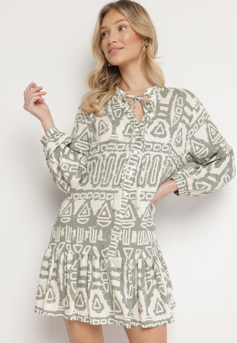 m&d fashion Rochie Verde Din Viscoză Cu Model Etnic Cu Croială Evazată Cu Legătură Nalpio