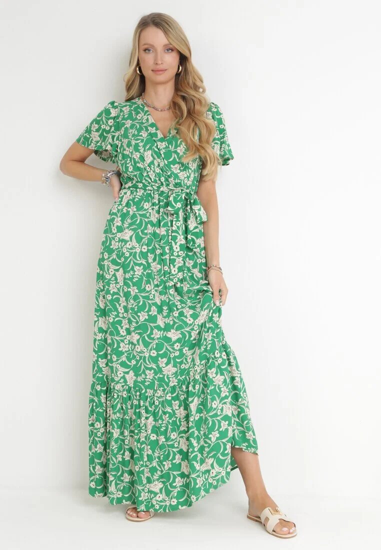 m&d fashion Rochie Verde Maxi cu Elastic în Talie Floral Aretocia