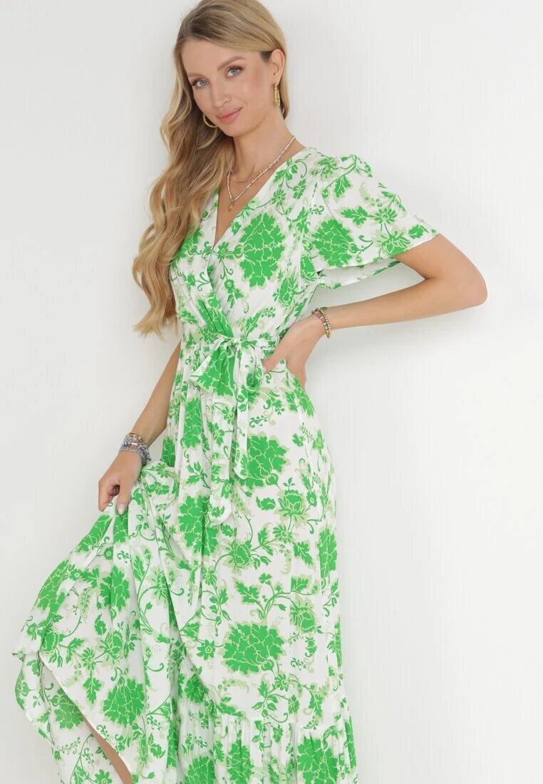 m&d fashion Rochie Verde Maxi cu Elastic și Nod în Talie din Viscoză Aspasia