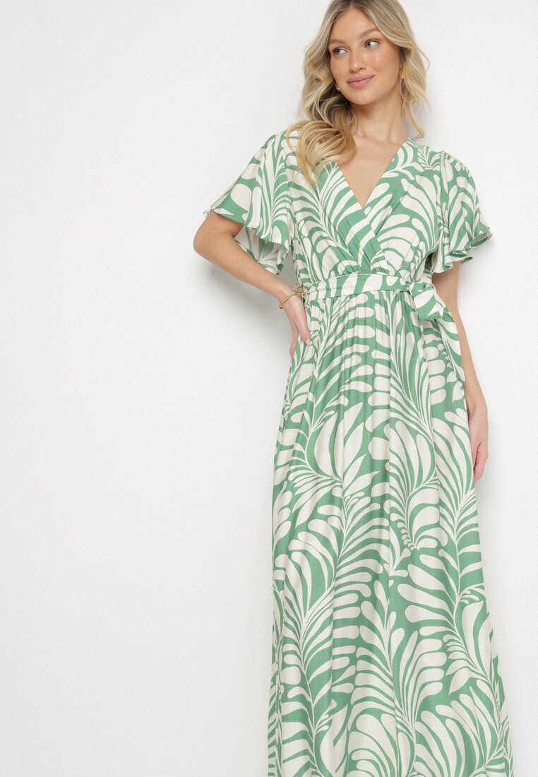 m&d fashion Rochie Verde Vâscoză cu croi petrecut și imprimeu floral Cinea