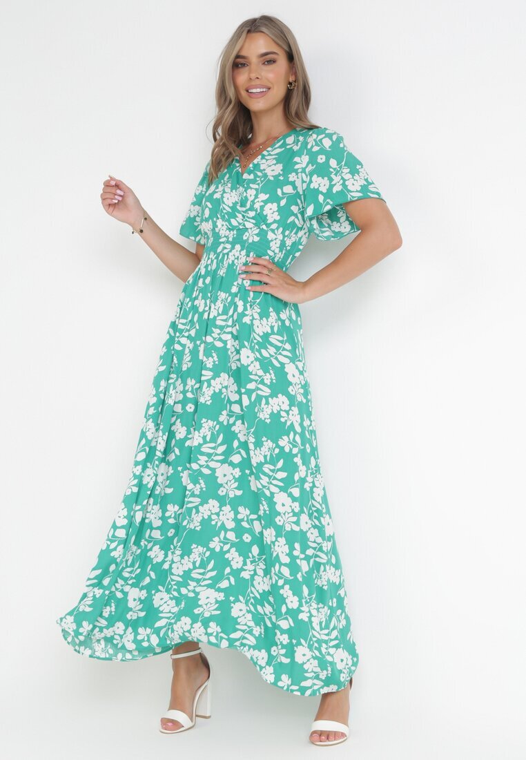 m&d fashion Rochie Viscoză Verde Maxi cu elastice în talie și decolteu petrecut Olemenia