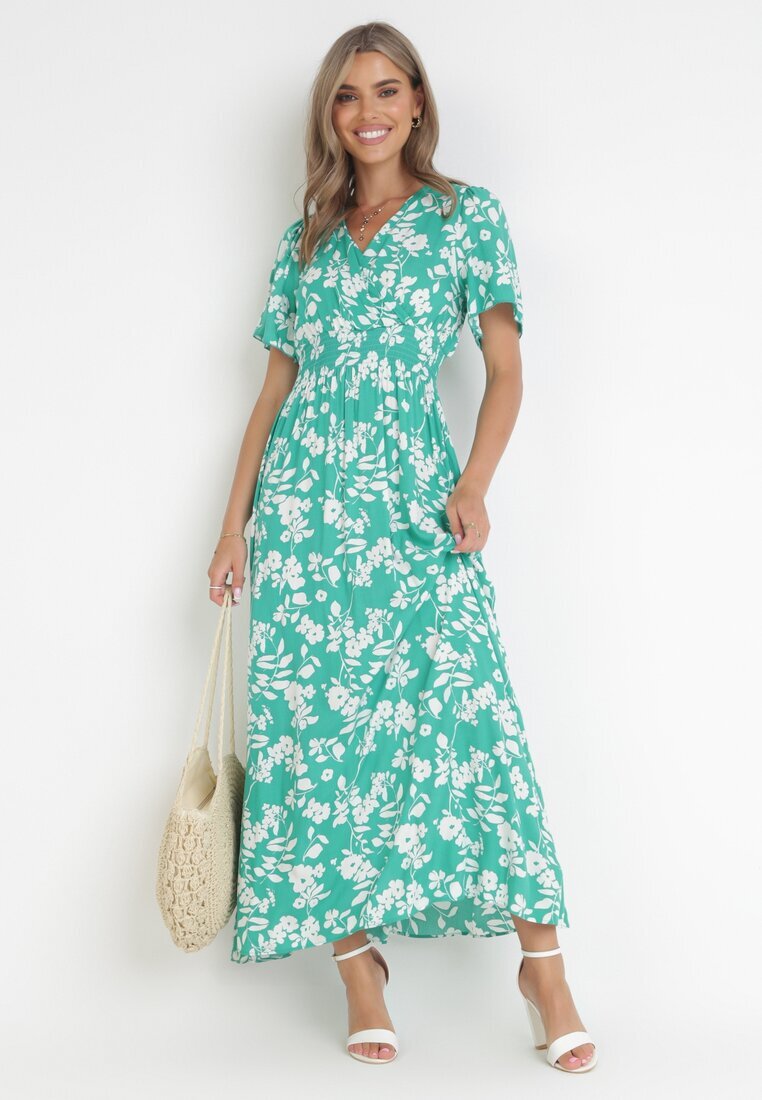m&d fashion Rochie Viscoză Verde Maxi cu elastice în talie și decolteu petrecut Olemenia
