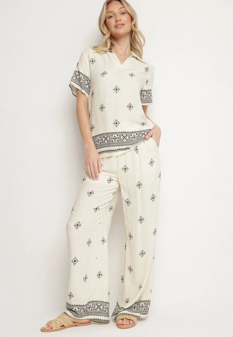 m&d fashion Set Bej Deschis din Viscoză Bluză cu Mânecă Scurtă și Pantaloni Largi Janavielle