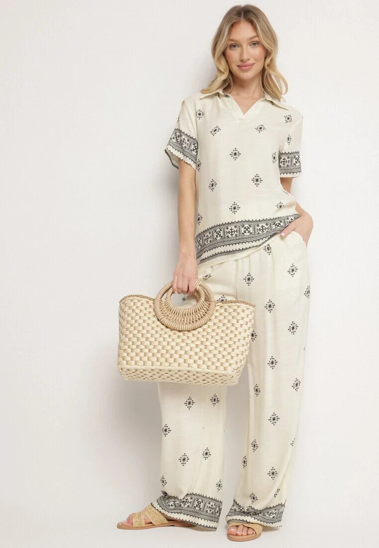 m&d fashion Set Bej Deschis din Viscoză Bluză cu Mânecă Scurtă și Pantaloni Largi Janavielle