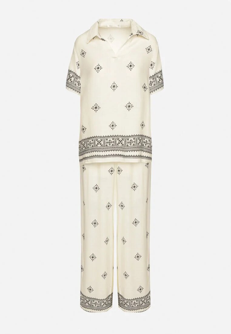 m&d fashion Set Bej Deschis din Viscoză Bluză cu Mânecă Scurtă și Pantaloni Largi Janavielle