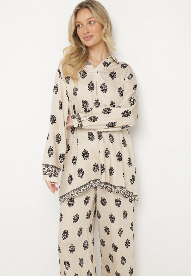 m&d fashion Set bej deschis Oversize din viscoză Cămașă și Pantaloni decorate cu model etnic Janileva