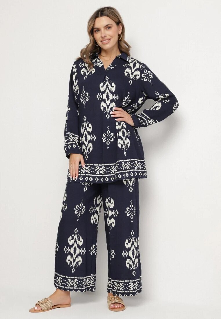 m&d fashion Set Bleumarin din Viscoză cu Imprimeu Etnic Cămașă și Pantaloni Meporelle