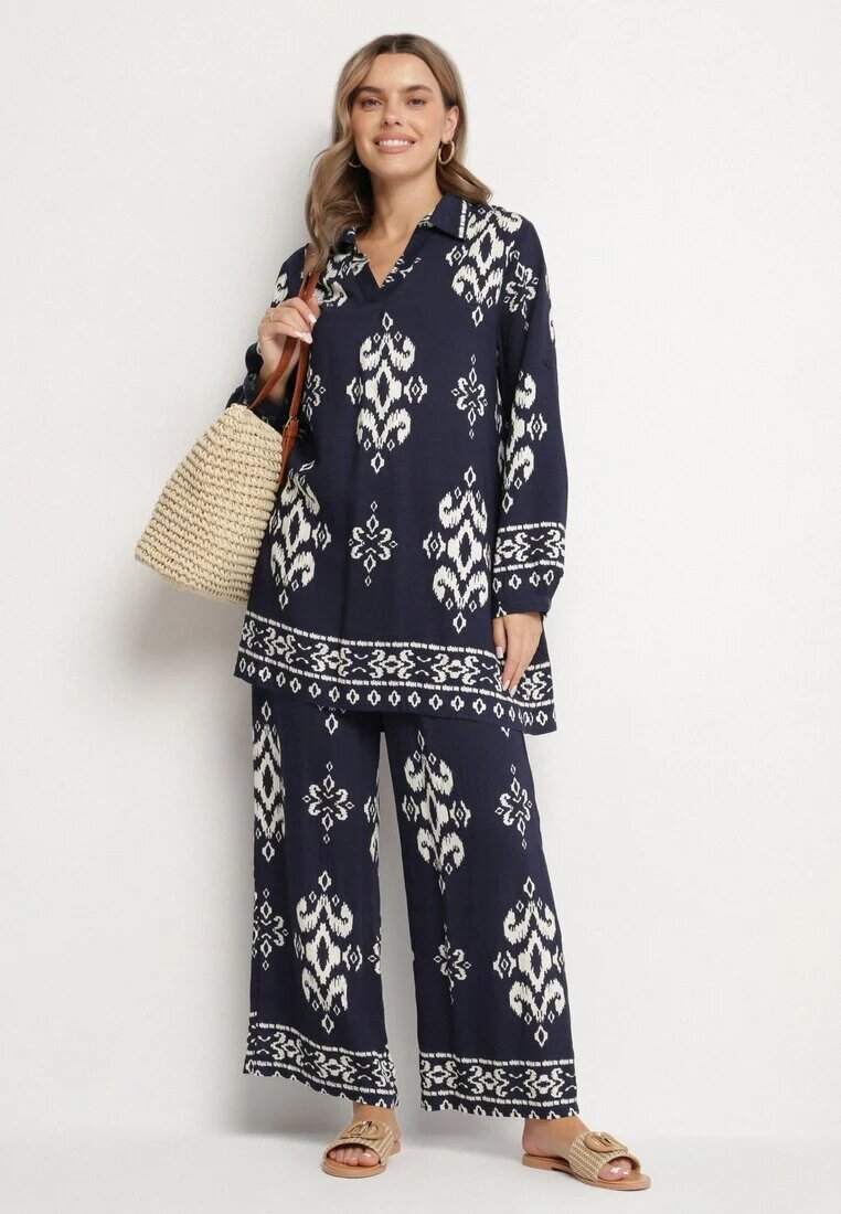 m&d fashion Set Bleumarin din Viscoză cu Imprimeu Etnic Cămașă și Pantaloni Meporelle