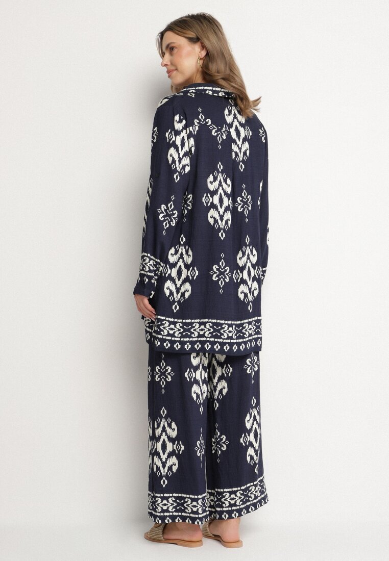 m&d fashion Set Bleumarin din Viscoză cu Imprimeu Etnic Cămașă și Pantaloni Meporelle