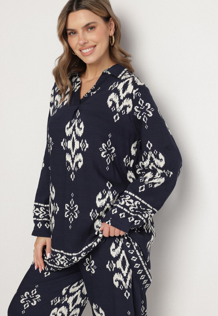 m&d fashion Set Bleumarin din Viscoză cu Imprimeu Etnic Cămașă și Pantaloni Meporelle