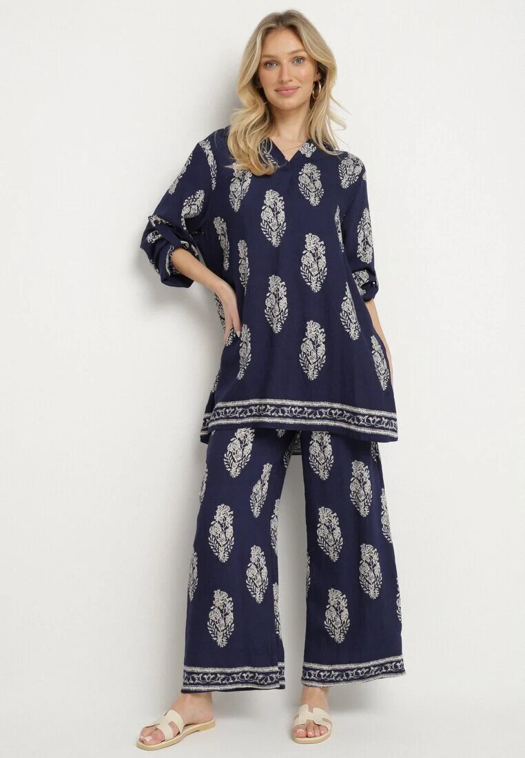 m&d fashion Set Bleumarin în Stil Boho Oversize Cămașă lungă și Pantaloni lejeri Meppina