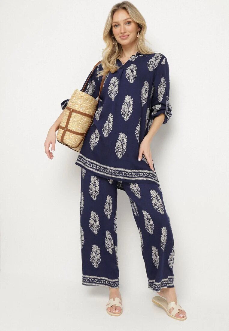 m&d fashion Set Bleumarin în Stil Boho Oversize Cămașă lungă și Pantaloni lejeri Meppina