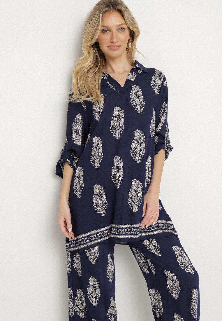 m&d fashion Set Bleumarin în Stil Boho Oversize Cămașă lungă și Pantaloni lejeri Meppina
