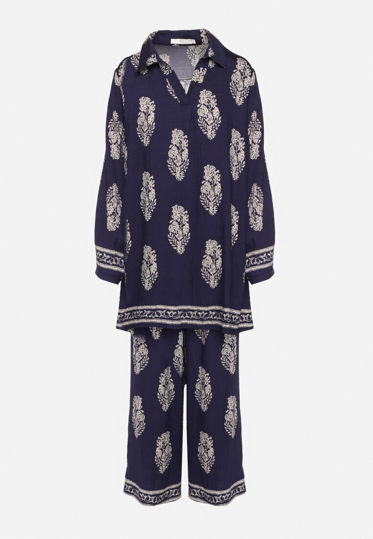 m&d fashion Set Bleumarin în Stil Boho Oversize Cămașă lungă și Pantaloni lejeri Meppina