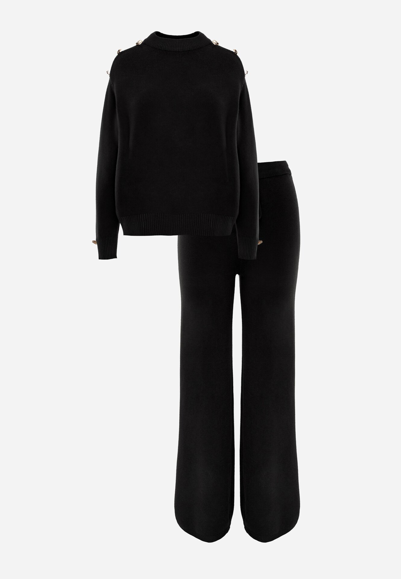m&d fashion Set cu vâscoză pantaloni largi și pulover decorat cu nasturi Alessina Negru