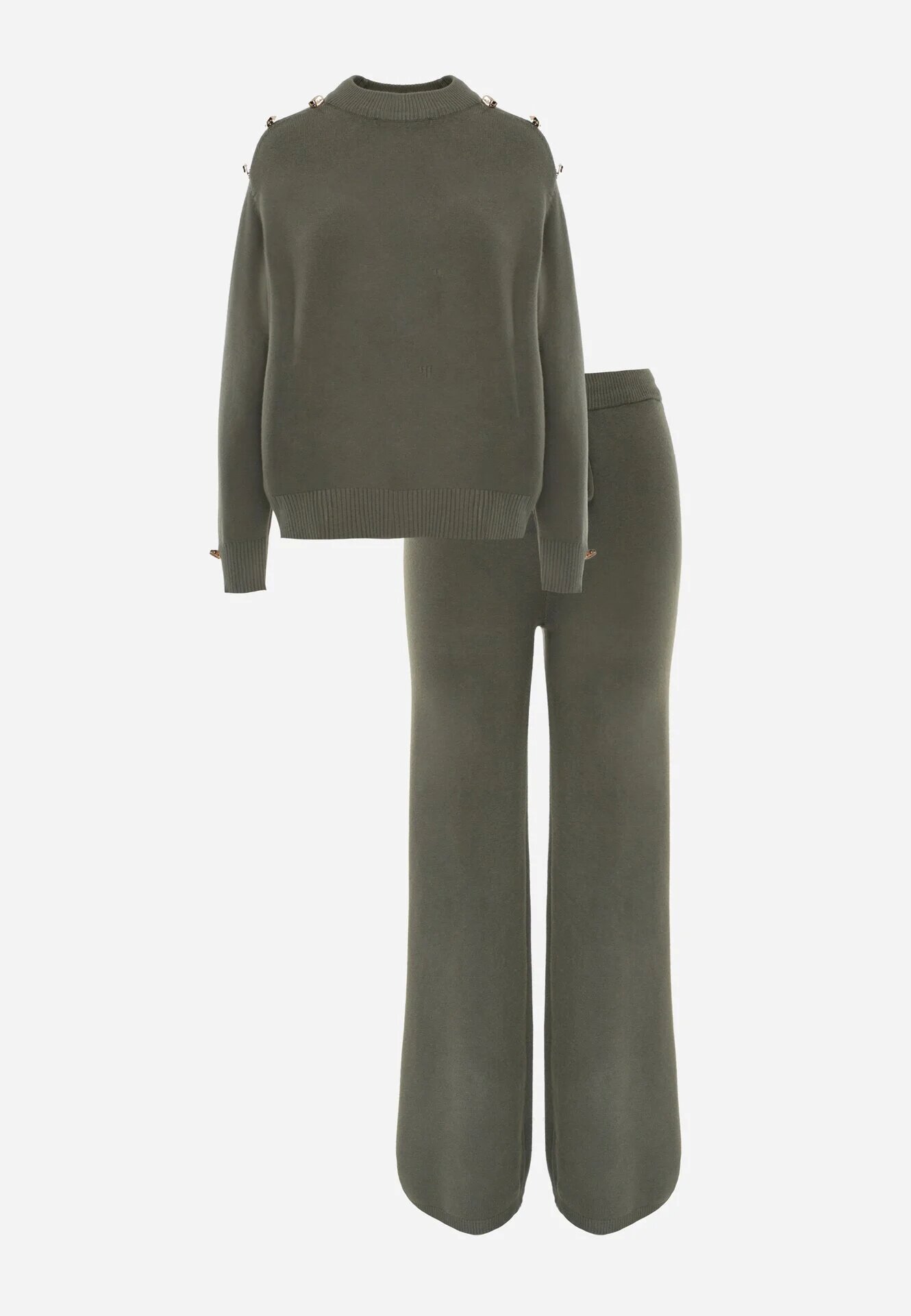 m&d fashion Set cu vâscoză pantaloni largi și pulover decorat cu nasturi Alessina Verde închis
