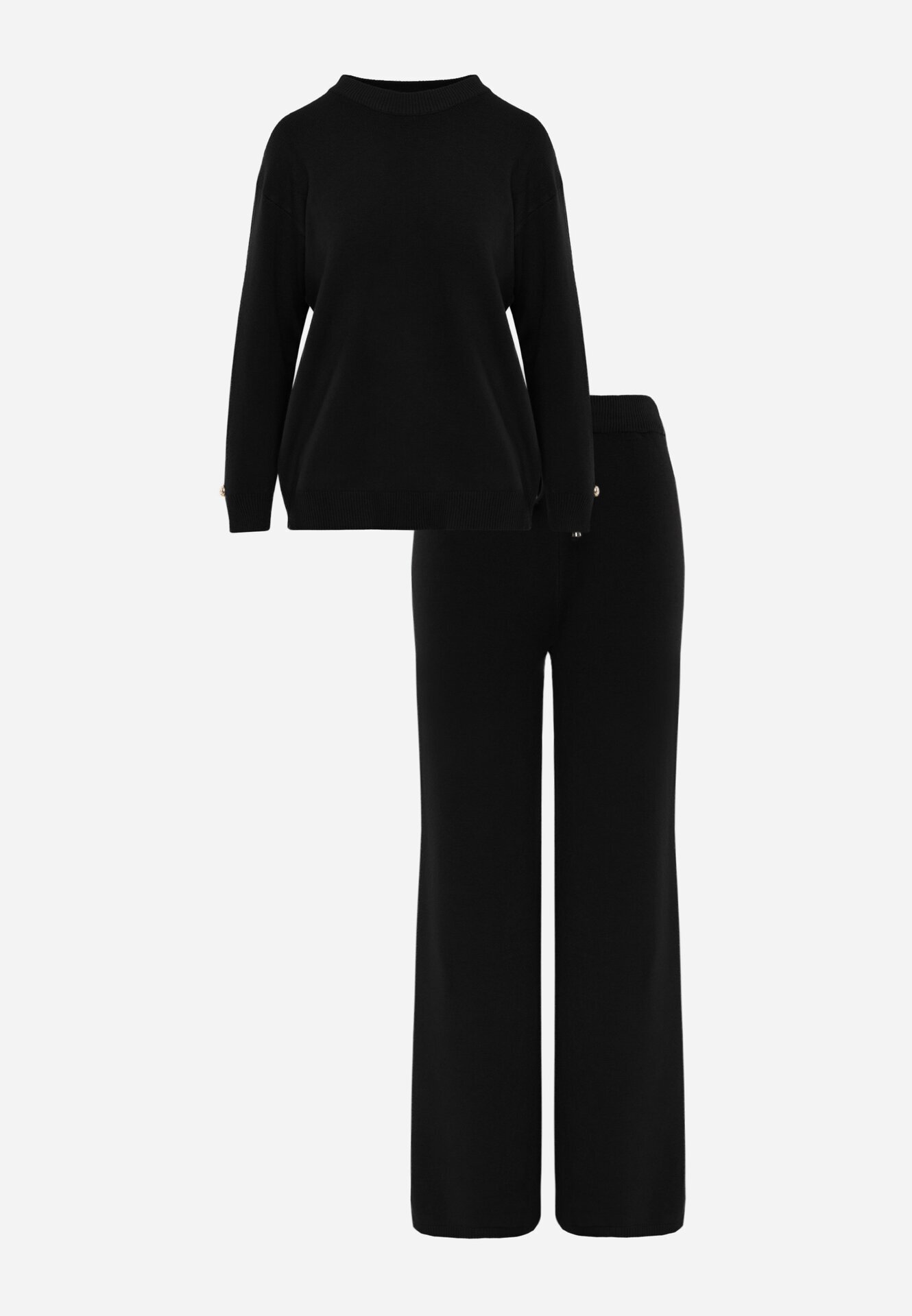 m&d fashion Set din tricot cu vâscoză pantaloni drepți și pulover cu detaliu la manșete Vivolo Negru
