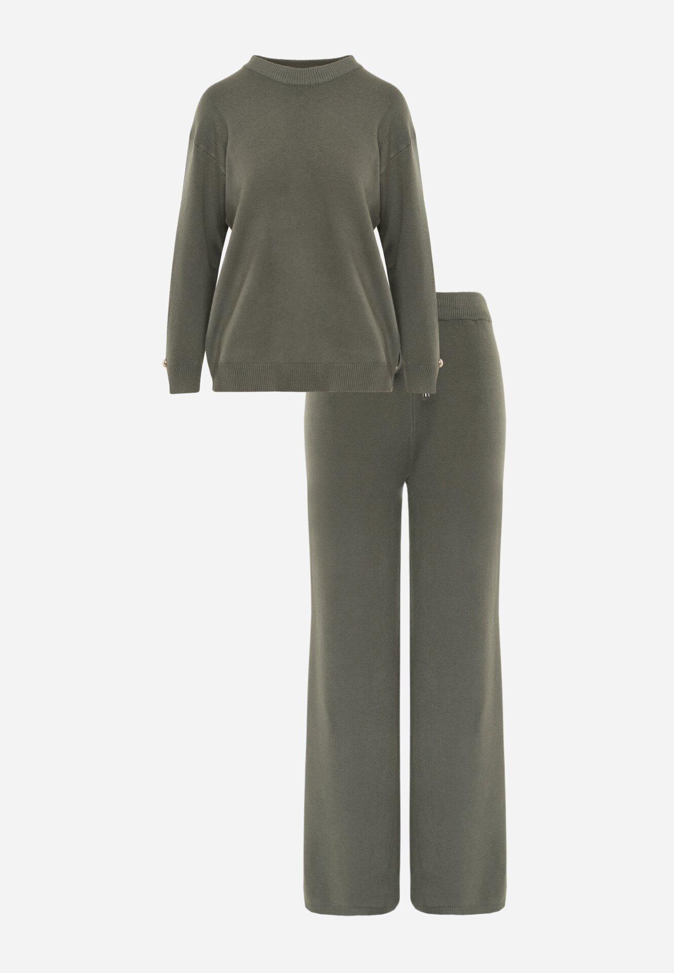 m&d fashion Set din tricot cu vâscoză pantaloni drepți și pulover cu detaliu la manșete Vivolo Verde închis