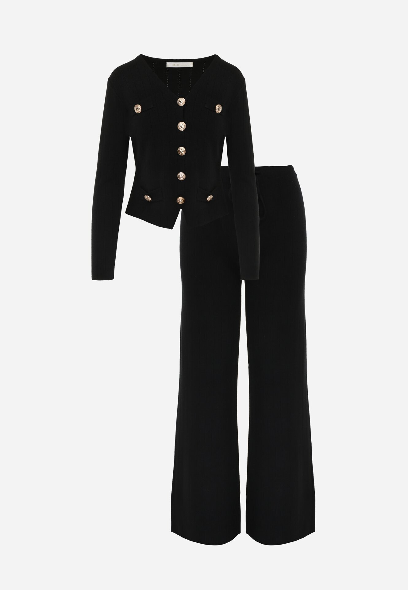 m&d fashion Set elegant din tricot reiat cu vâscoză cardigan cu decolteu în V și pantaloni Denorra Negru