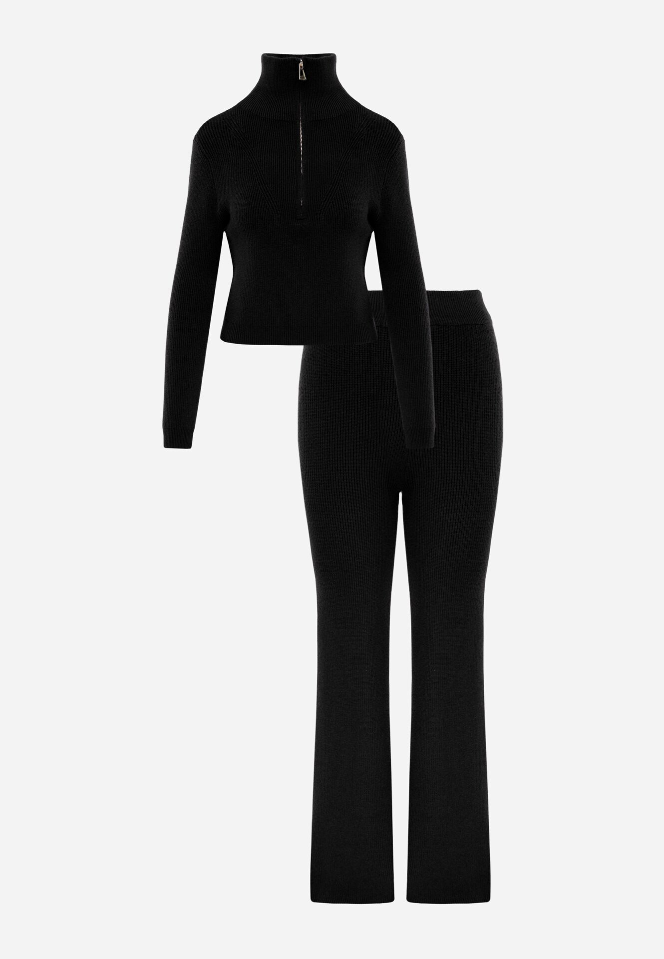 m&d fashion Set tricotat cu vâscoză în dungi pantaloni și pulover cu guler tip tunică și fermoar Taraliel Negru