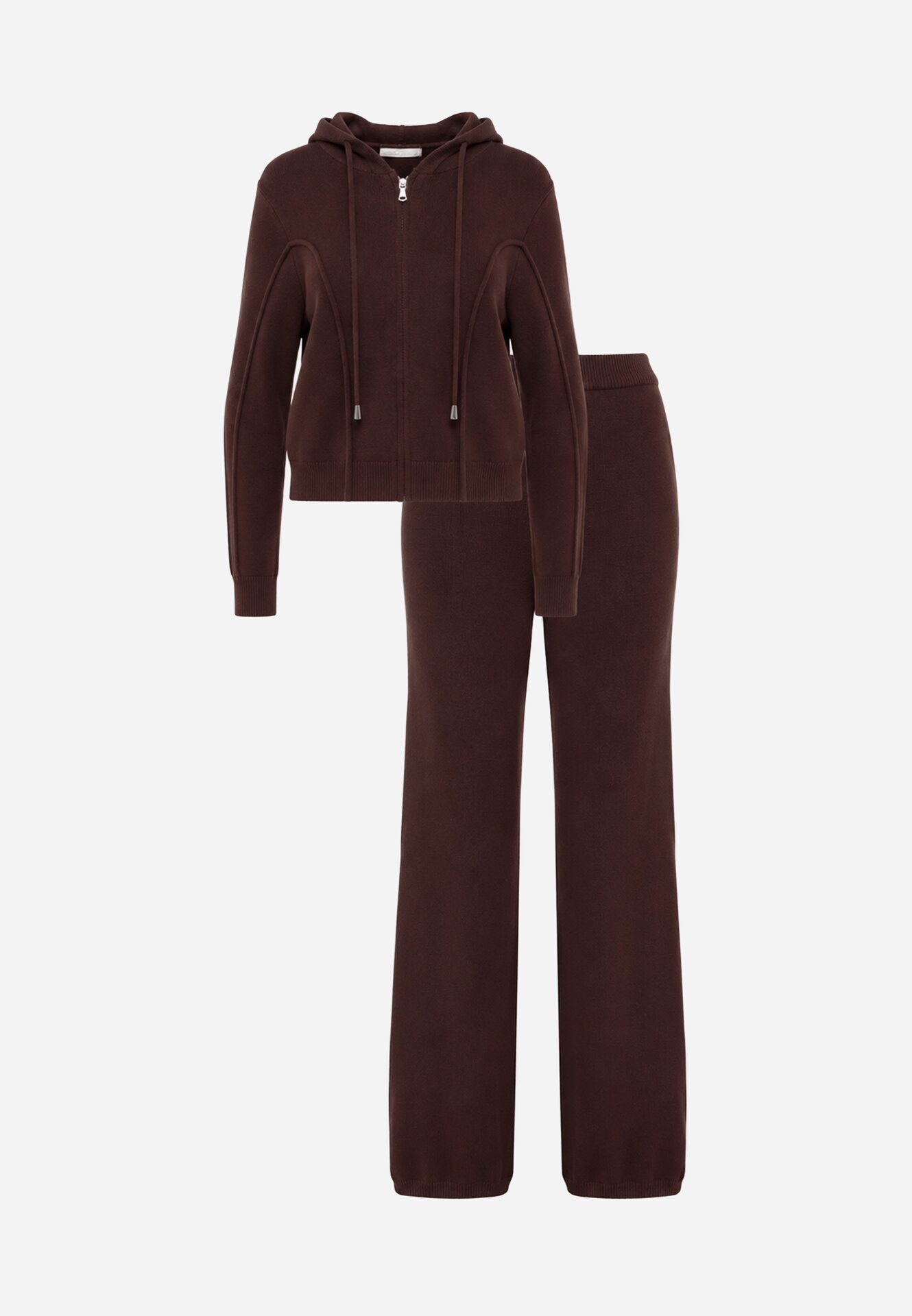m&d fashion Set tricotat cu vâscoză pantaloni drepți și bluză cu fermoar și glugă Alverna Maro