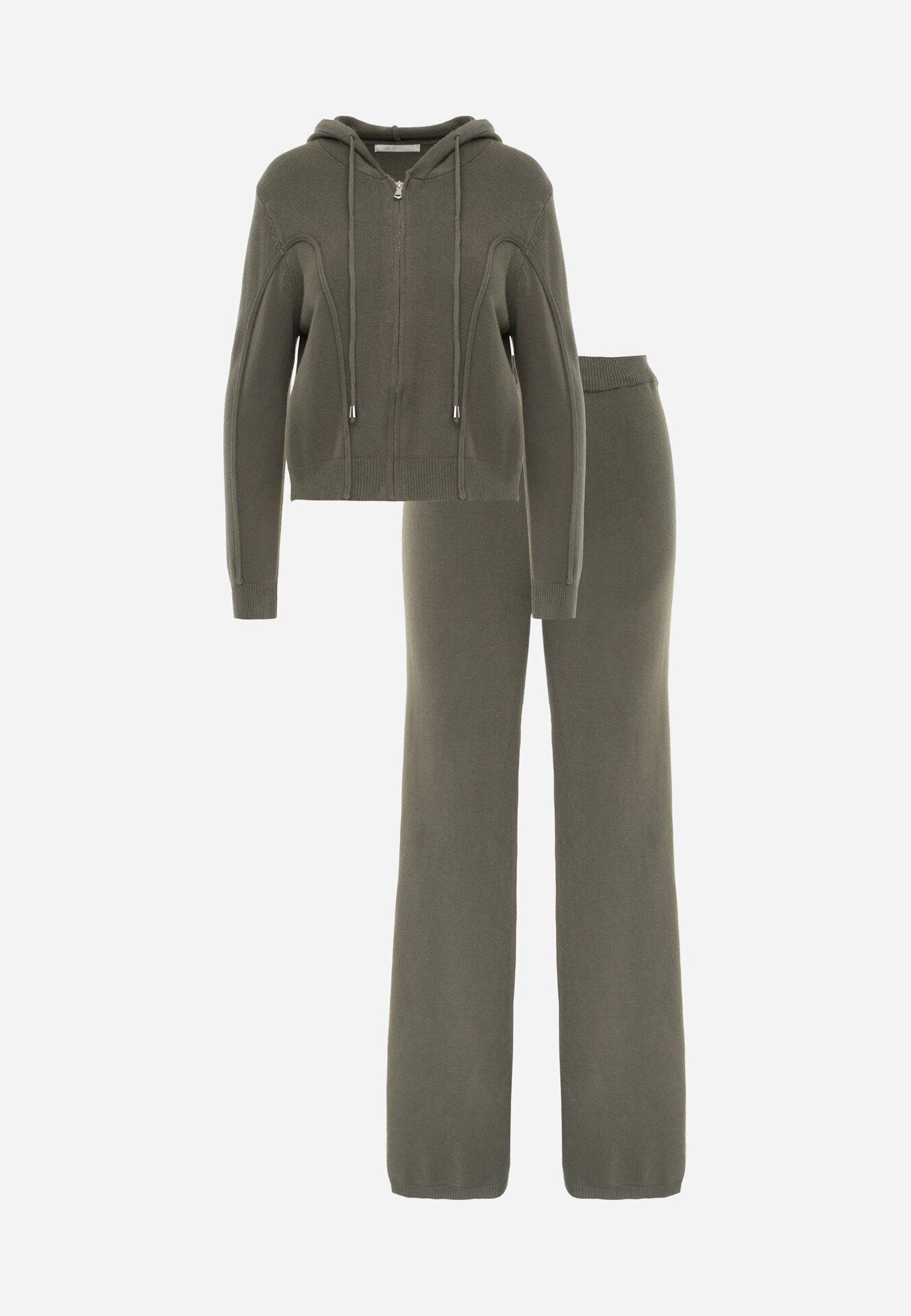 m&d fashion Set tricotat cu vâscoză pantaloni drepți și bluză cu fermoar și glugă Alverna Verde închis