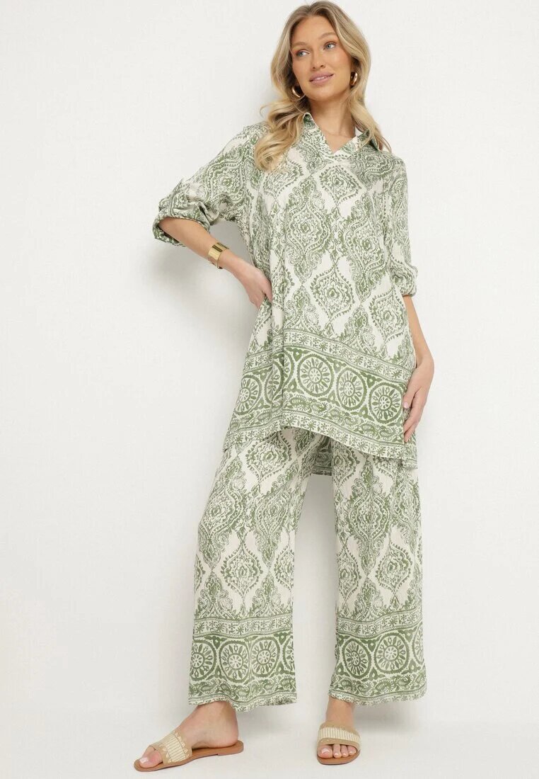 m&d fashion Set Verde Oversize cu Viscoză cu Model Etnic Pantaloni Largi și Cămașă Nilamiella
