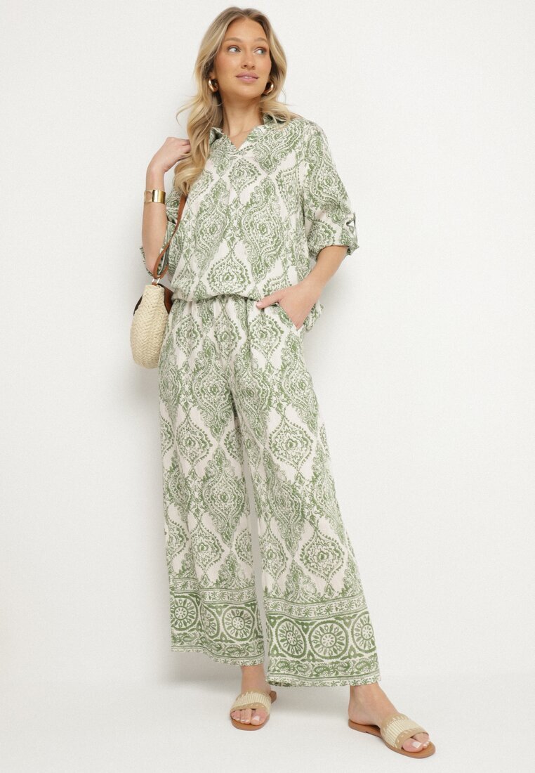m&d fashion Set Verde Oversize cu Viscoză cu Model Etnic Pantaloni Largi și Cămașă Nilamiella