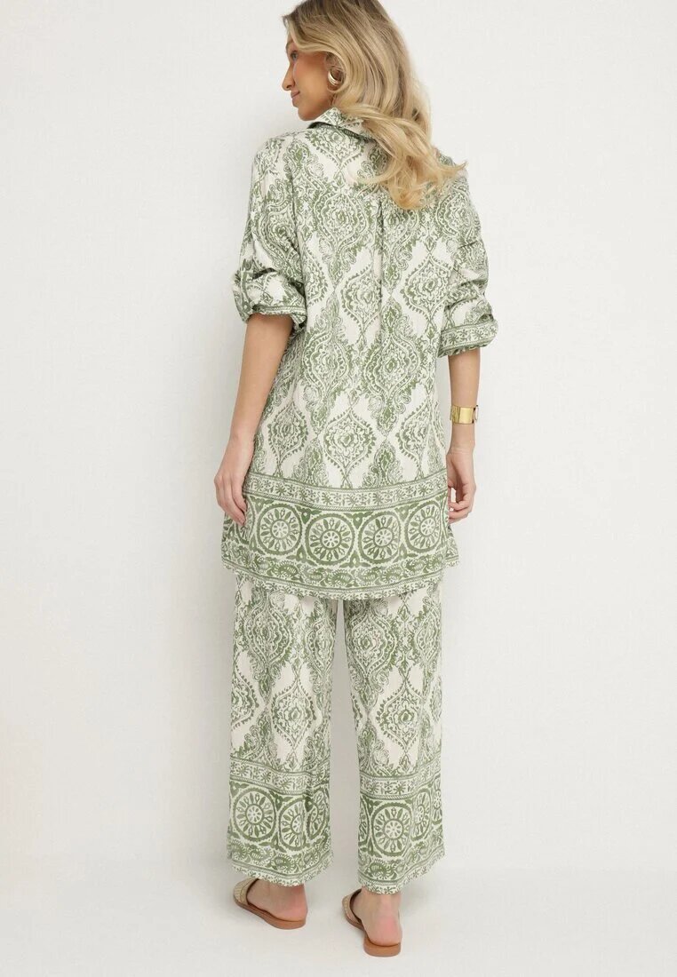 m&d fashion Set Verde Oversize cu Viscoză cu Model Etnic Pantaloni Largi și Cămașă Nilamiella