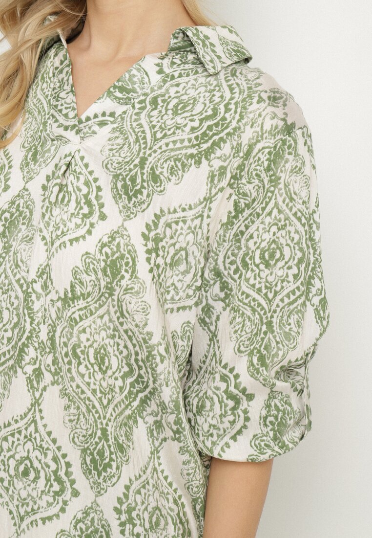 m&d fashion Set Verde Oversize cu Viscoză cu Model Etnic Pantaloni Largi și Cămașă Nilamiella