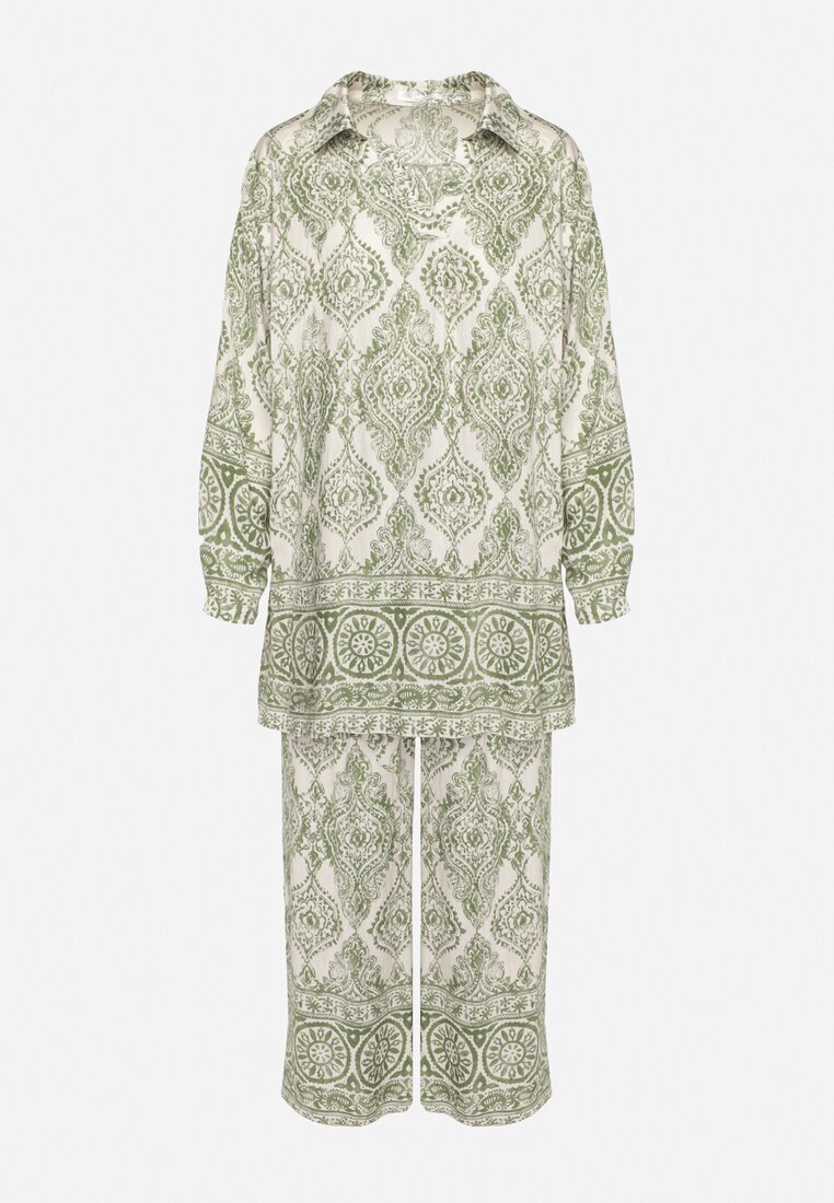 m&d fashion Set Verde Oversize cu Viscoză cu Model Etnic Pantaloni Largi și Cămașă Nilamiella