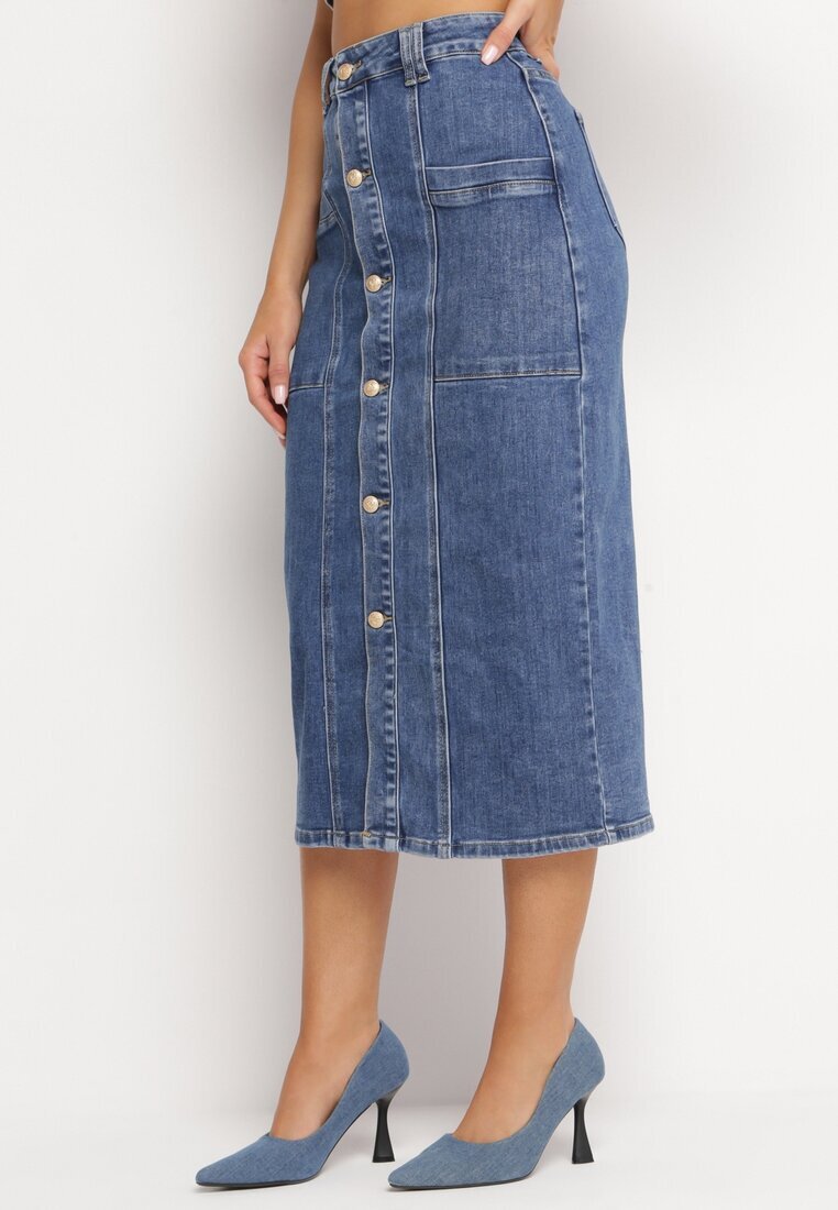 m.sara Fustă Albastră Creion Denim Midi cu nasturi Kandela