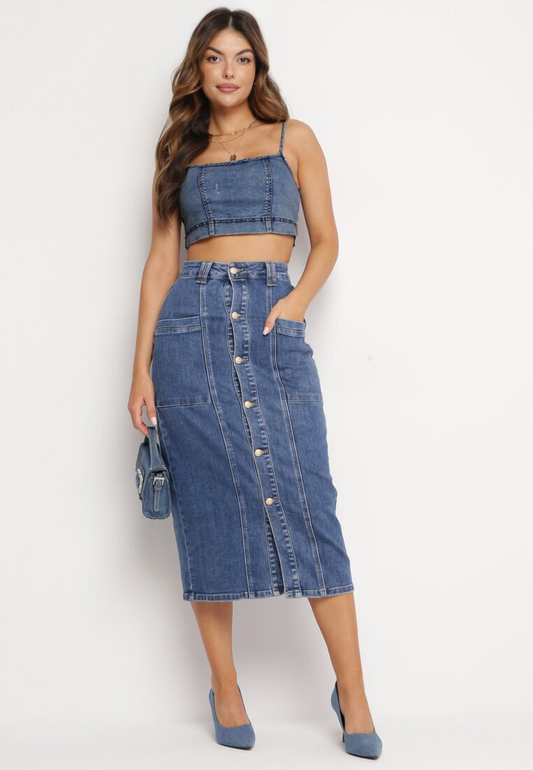 m.sara Fustă Albastră Creion Denim Midi cu nasturi Kandela
