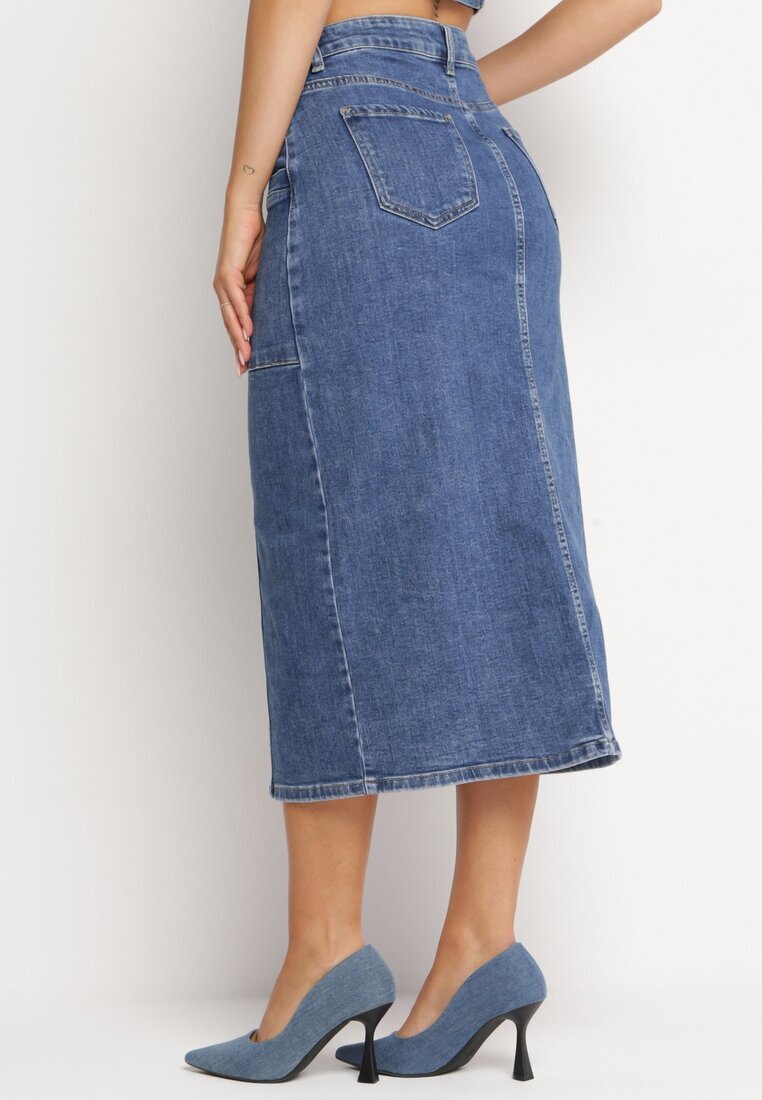 m.sara Fustă Albastră Creion Denim Midi cu nasturi Kandela