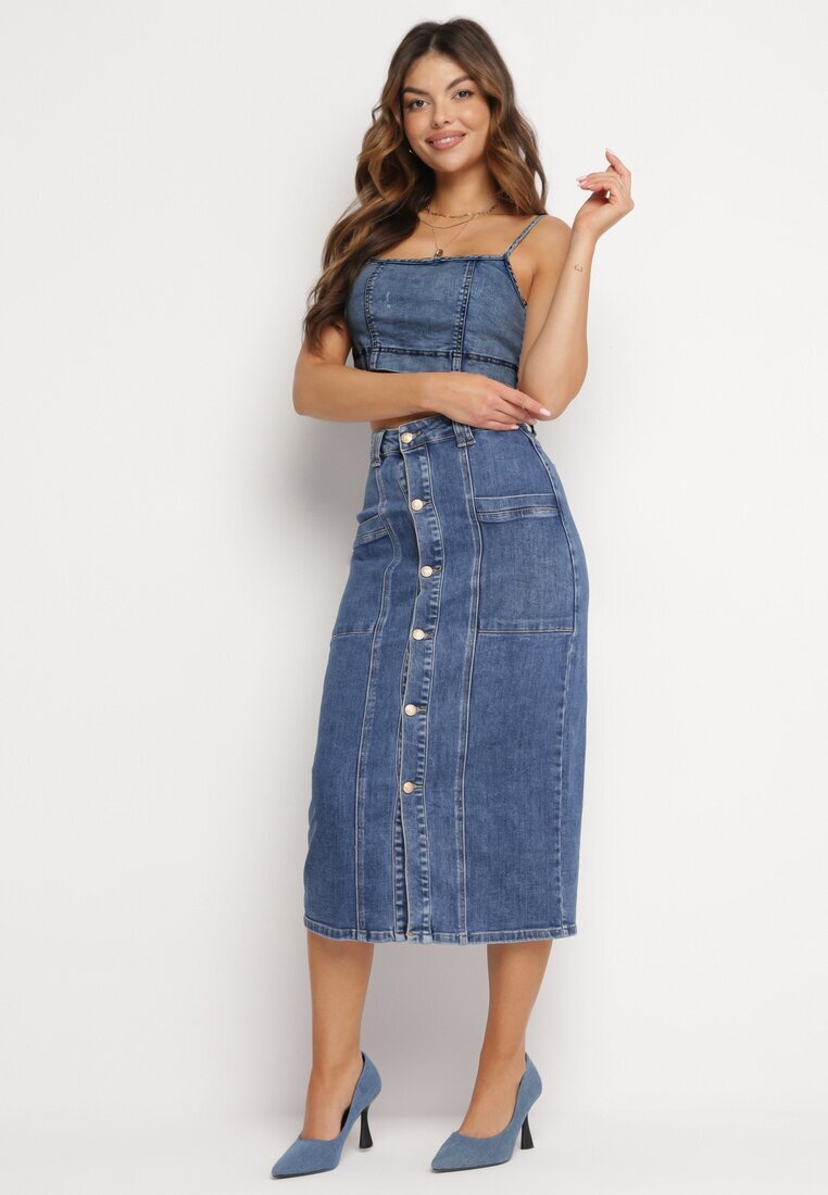 m.sara Fustă Albastră Creion Denim Midi cu nasturi Kandela
