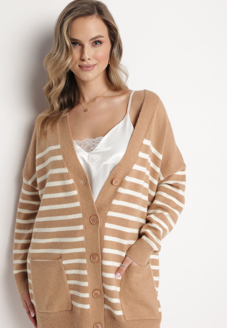 m&v Cardigan Lung Bej în dungi cu buzunare Fellesa