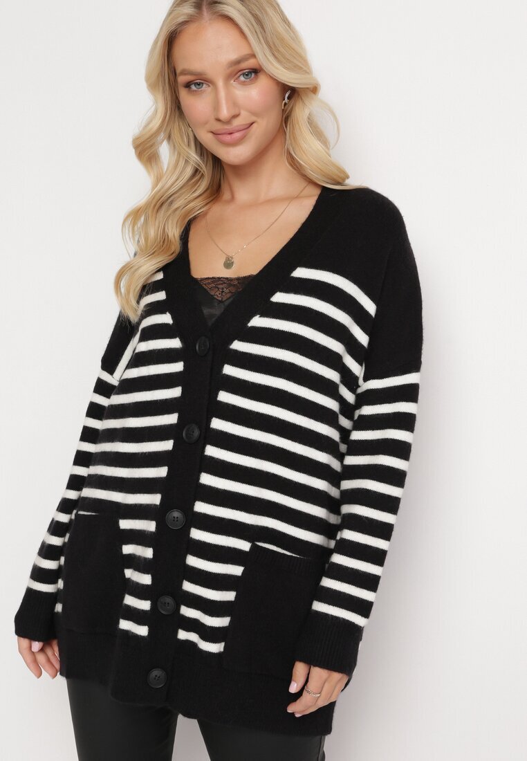 m&v Cardigan Negru Lung în Dungi cu Buzunare Fellesa